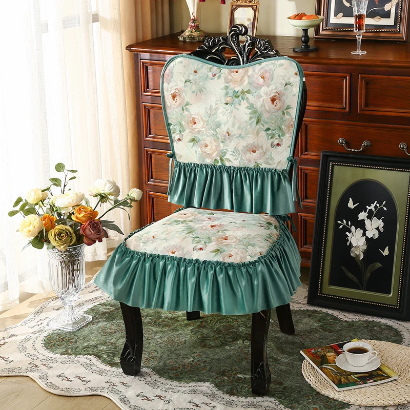 European Style Floral Dining Chair Cover with Ruffled Skirt Vintage Elegant Fabric Slipcover Kitchen Banquet Wedding Home Decor