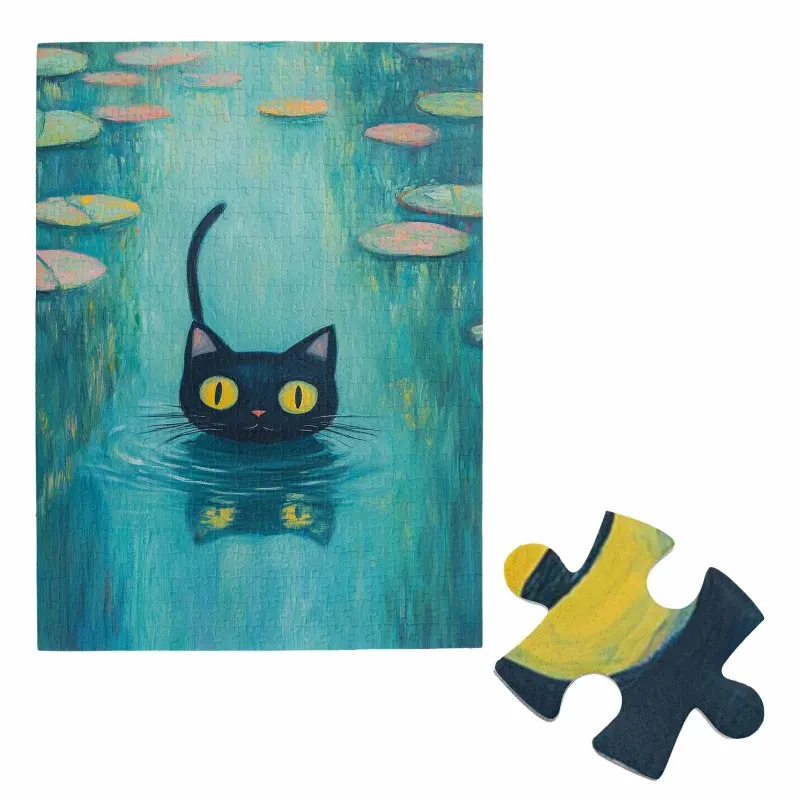 Quebra-cabeça de 500 peças para adultos - Gato preto em nenúfares, arte impressionista caprichosa Quebra-cabeça