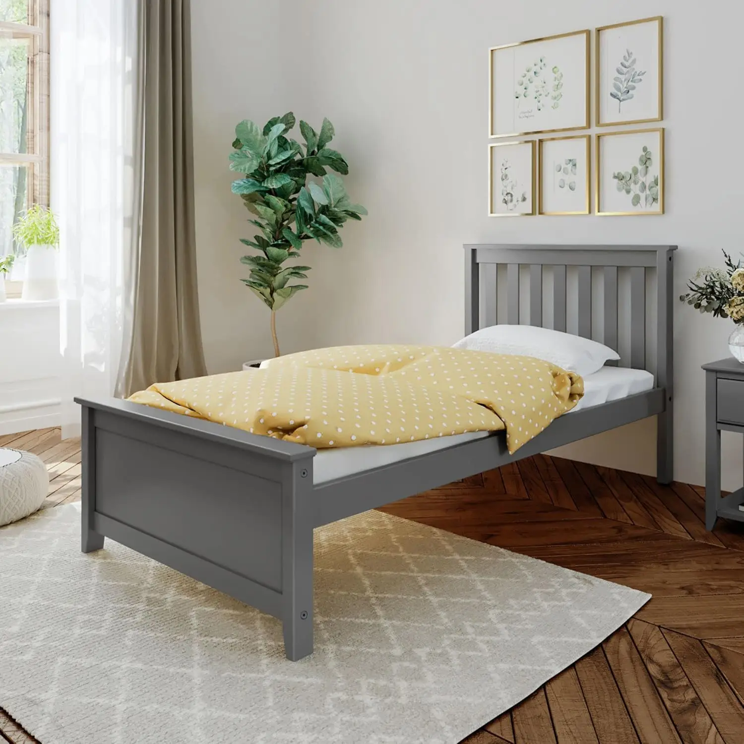 Twin Bed Frame with Slatted Headboard Solid Wood Platform Bed for Kids No Box Spring Needed Easy Assembly Grey