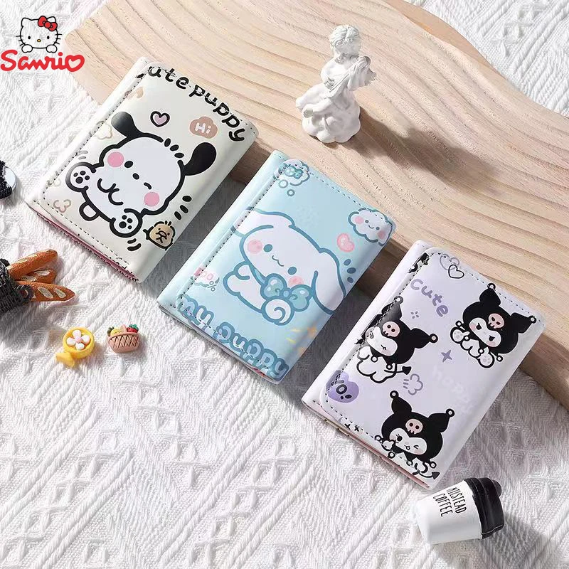 

Sanrio Kuromi Pu Short Cinnamoroll Pochacco Cute Small Wallets Student Triple Fold Card Holder Money Bag Buttons Folding Wallets