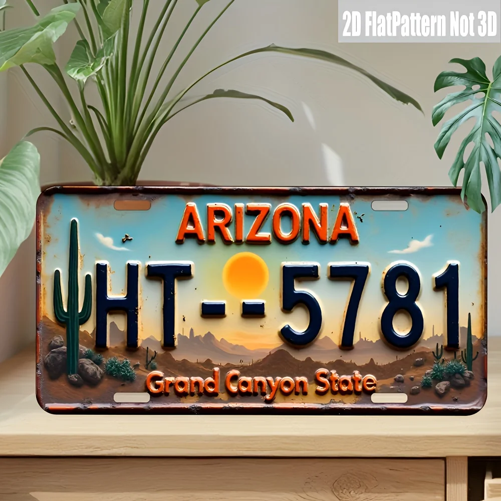 Retro Arizona Metal License Plate Sign - , Featuring Cactus and Desert Landscape Wall Decor for Home, Bar, Garage, for Man Cav