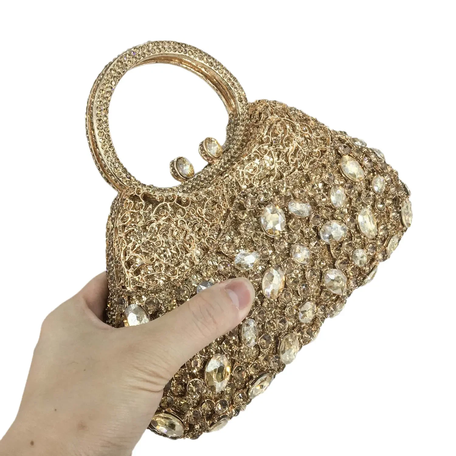 Boutique De FGG Women Golden Evening Handbags Top Handle Crystal Clutch Bags Metal Totes Handbags Wedding Party Evening Purse