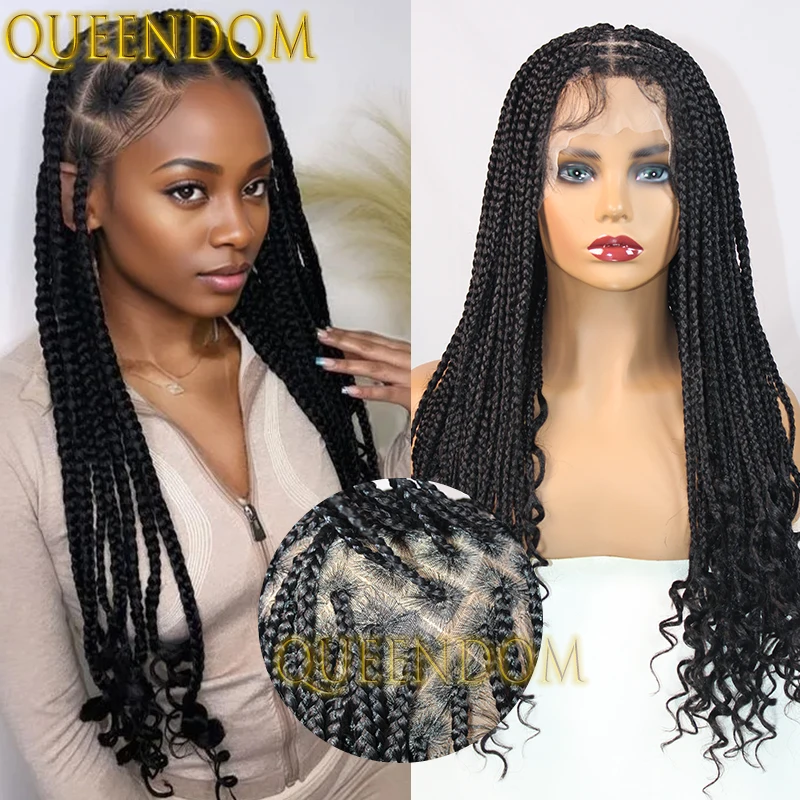 Full Lace Synthetic Box Braids Wig 24 Inch Crochet French Curl Braid Wig with Curly Ends Knotless Cornrow Braided Wig for Women