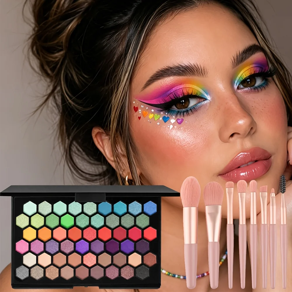 54‑Colors  Eyeshadow Palette With 8pcs Makeup Brushes Set, Matte Shimmer High‑Pigment Colorful Eye Shadow Kit for Daily Party