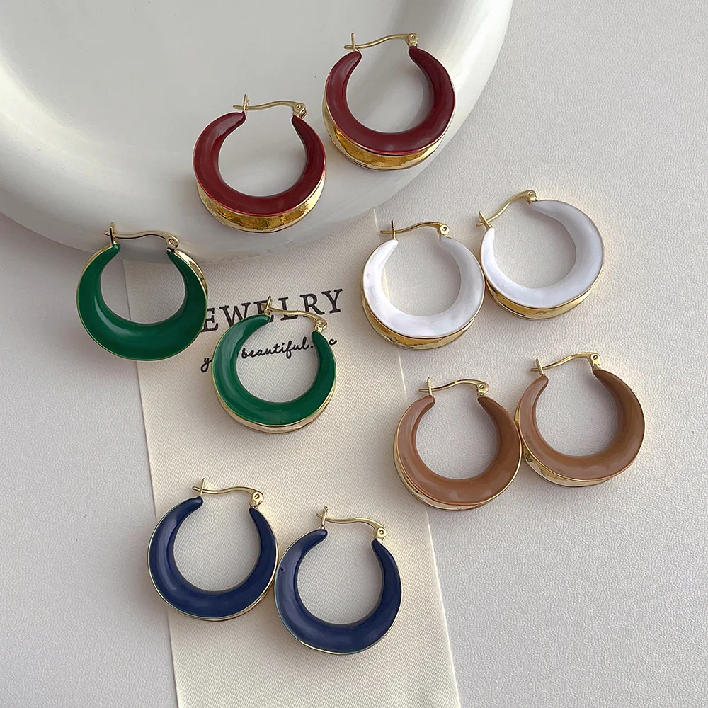 Metal Colorful Dripping Oil Geometry Round Earrings for Women Enamel Hoop Earrings Daily Jewelry Pendant New Gift