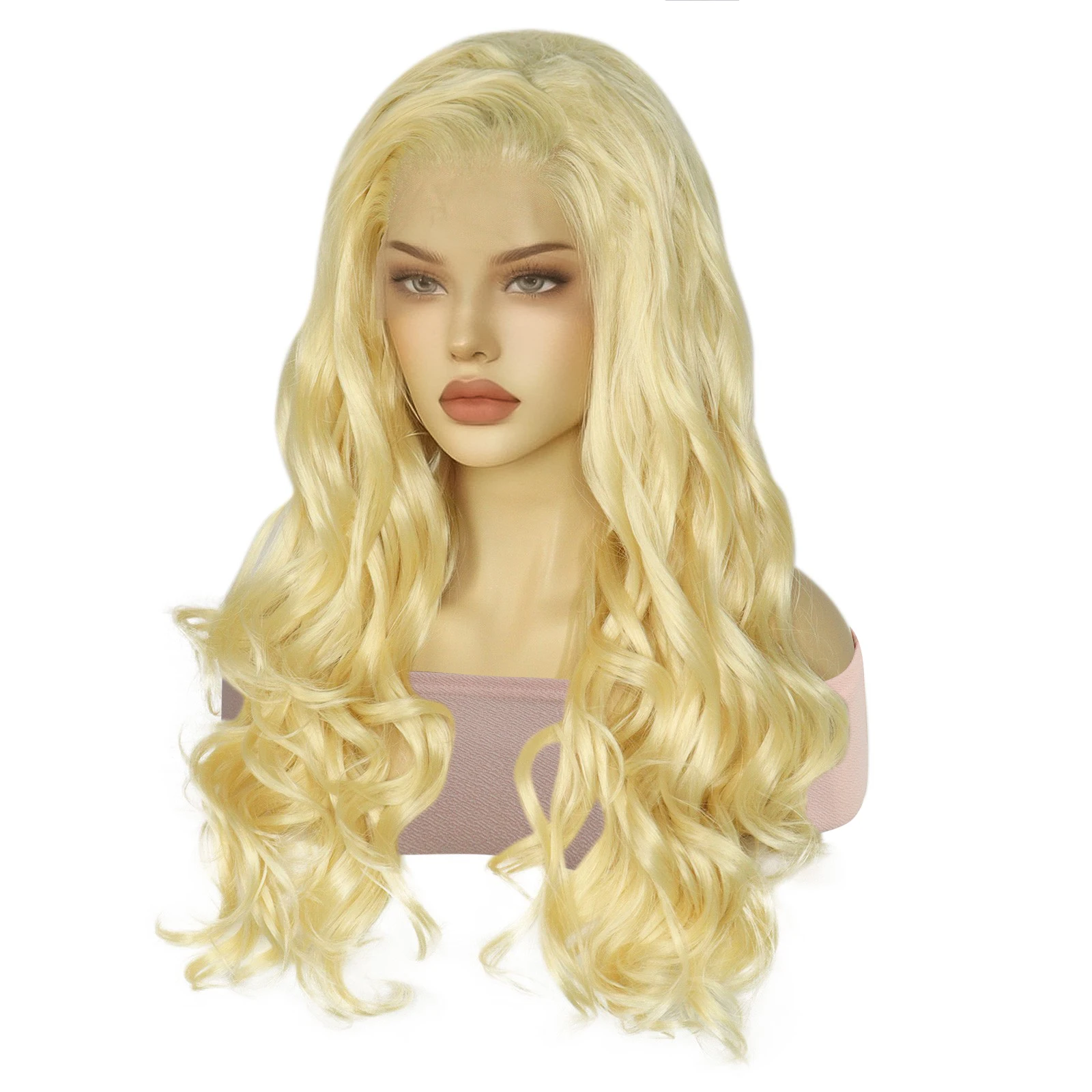 13x2 합성 롱 바디 웨이브 플래티넘 블론드 레이스 프론트 가발 (파티, 할로윈, 추수감사절 여성용 드레스업 가발)