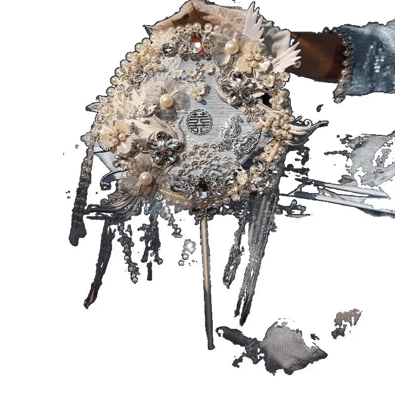 

Свадебный веер Xiuhe серебристо-голубого цвета, набор для творчества, роскошный веер ручной работы, букет для невесты