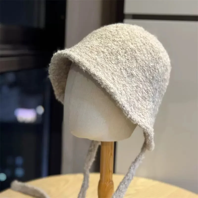 2026 Women's Fall/Winter Knit Wool Hat, Large Head Circumference, Black Fisherman's Hat with Drawstring and Slit
