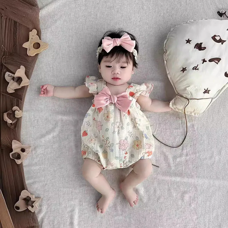 2024 New Baby Girls Summer Clothes Sweet Floral Bow Bodysuit With Headband Toddler Suspenders Flying Sleeve One Piece