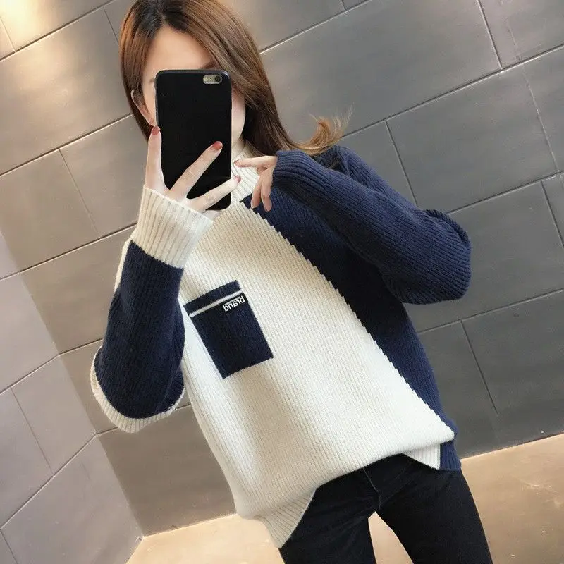 Frauen Mock Neck Pullover Farbe Blocking Pullover 2022 Neue Herbst Winter Stricken Persönlichkeit Alle-spiel Casual Dame Top 2022