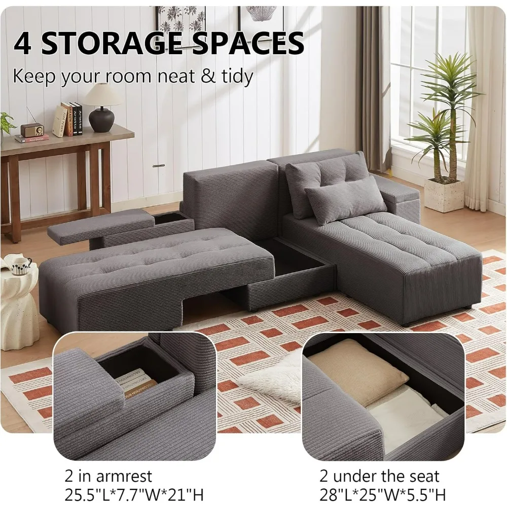 Convertible Sleeper Sofa Bed, 4 in 1 Modular Sectional Sofa with Storage, Corduroy 4 Seater Couch, Double Chaise Lounge Chair