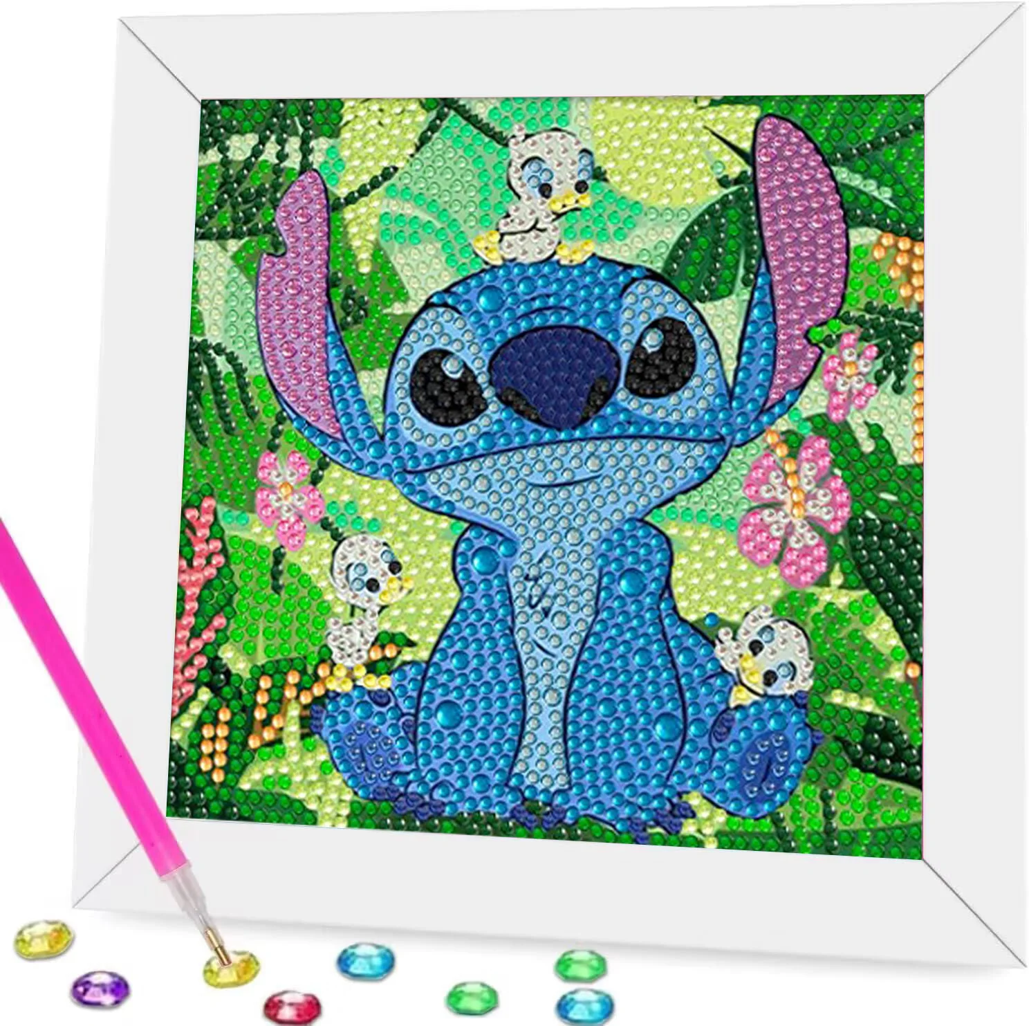 18x18cm With White Frame 5D Full Round Drill Diamond Painting Kit Cute Blue & Pink Big Ears Alien Couple Pet Pink Love Heart Bla