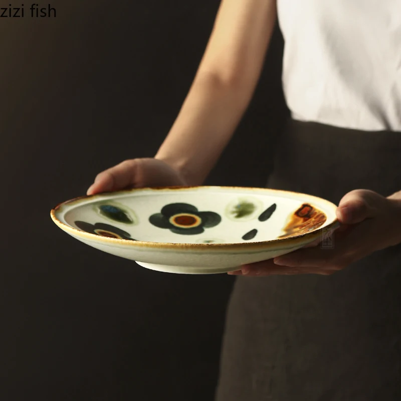 Hand Drawn Vintage Ceramic Plate Restaurant Salad Plate Pasta Dish Thick Soup Plate Serving Plates Creative Japanese Tableware