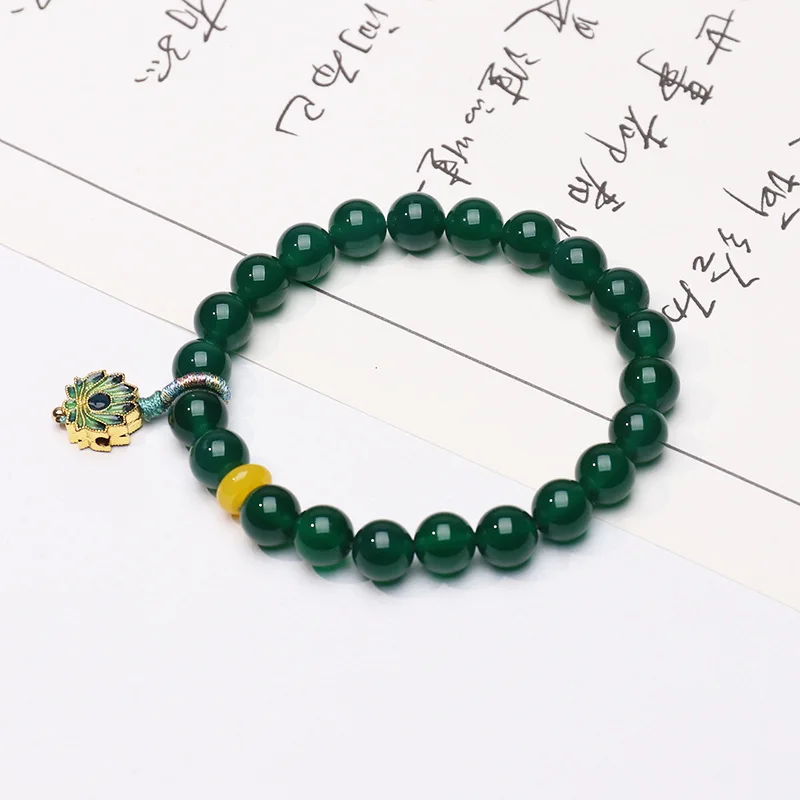 Vintage Chinese Style Natural 8mm Green Agate Bracelet with Yellow Agate Lotus Pendant and Tassel Best Friends Bracelets Gifts