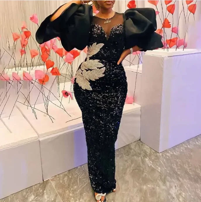 

Sequined Spring Summer 2025 Elegant African Women Short Sleeve Puff Sleeve Black Polyester Long Robes African Dresses for Women