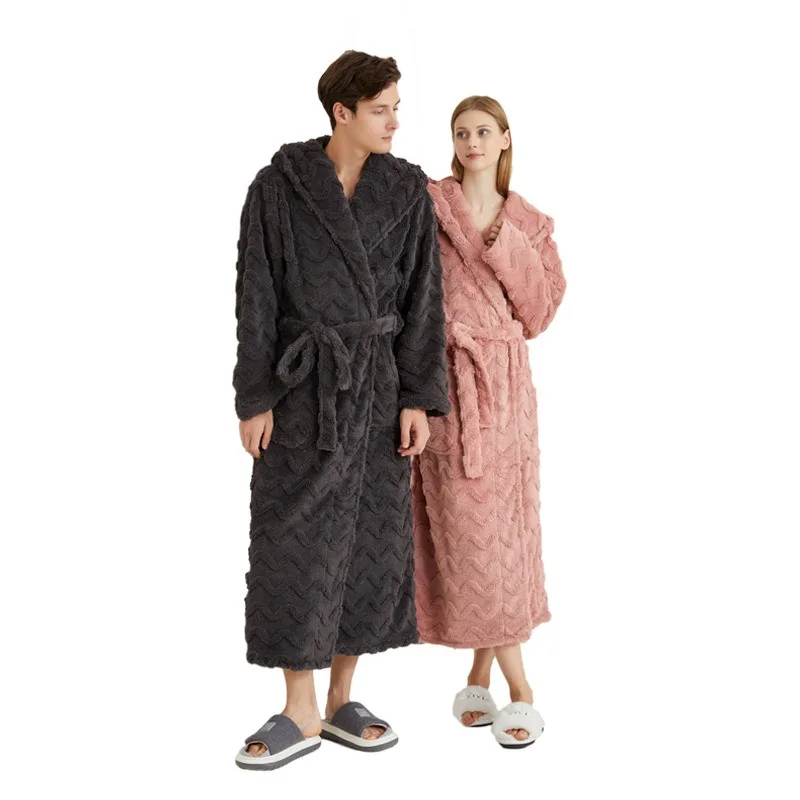 Couple Bathrobe Cross-border Hooded Jacquard Coral Fleece Nightgown Winter Thickened Double-sided Fleece Long Winter Nightgown