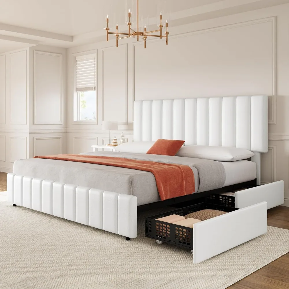 

IDEALHOUSE Queen Size Bed Frame with 4 Storage Drawers, PU Leather Linen Upholstered Platform Bed Frame, Adjustable Height Headb