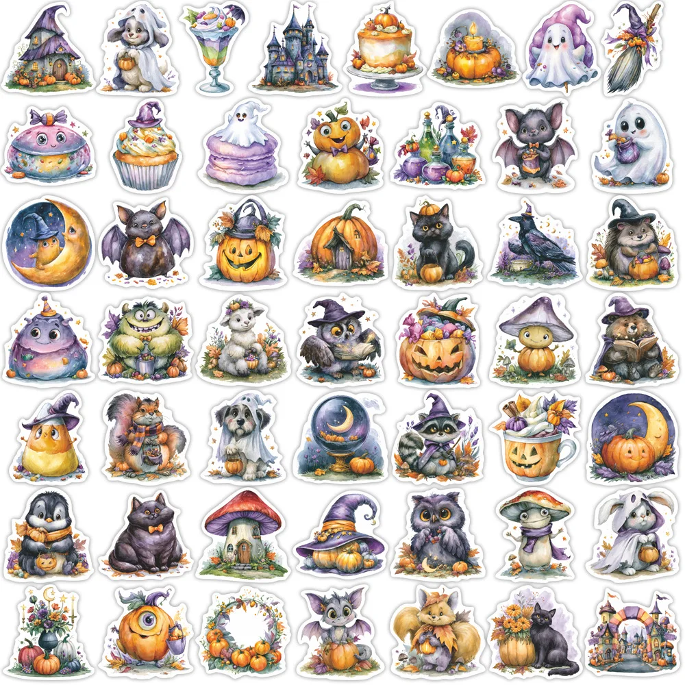 50Pcs Watercolor Halloween Stickers Pumpkin Ghost Bat Cartoon Decals for Scrapbook Water Bottle Luggage Waterproof