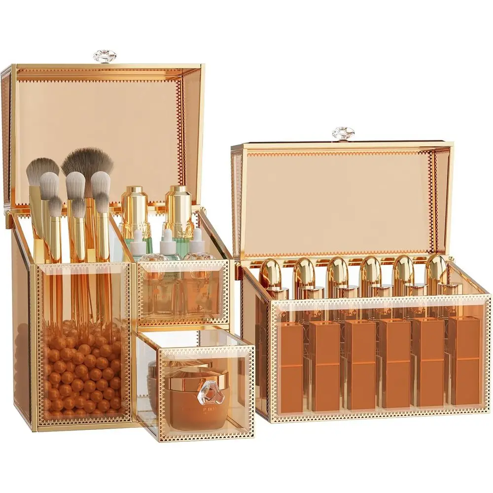 

Набор органайзеров для косметики на столешницу – Подставка для туалетного столика с органайзером для помад на 18 слотов и закрытым держателем для кистей для макияжа – Skinc