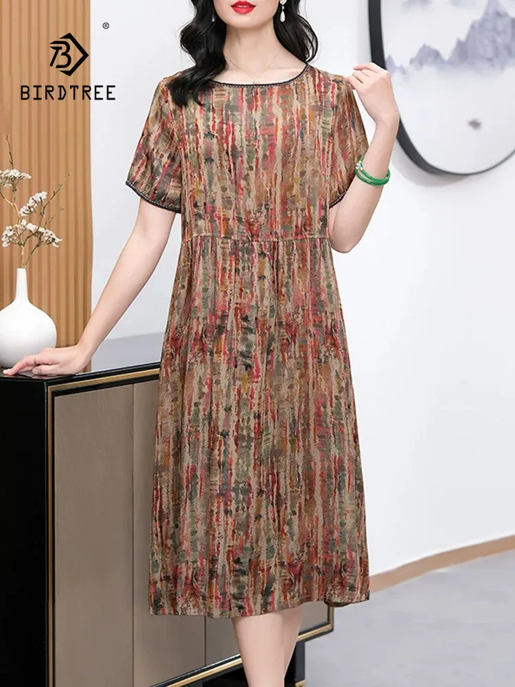 

Элегантное женское платье BirdTree из 92% шелка и 8% спандекса, с коротким рукавом, круглым вырезом и принтом, в стиле ретро, повседневное, свободного кроя, весна 2026, D62907CC