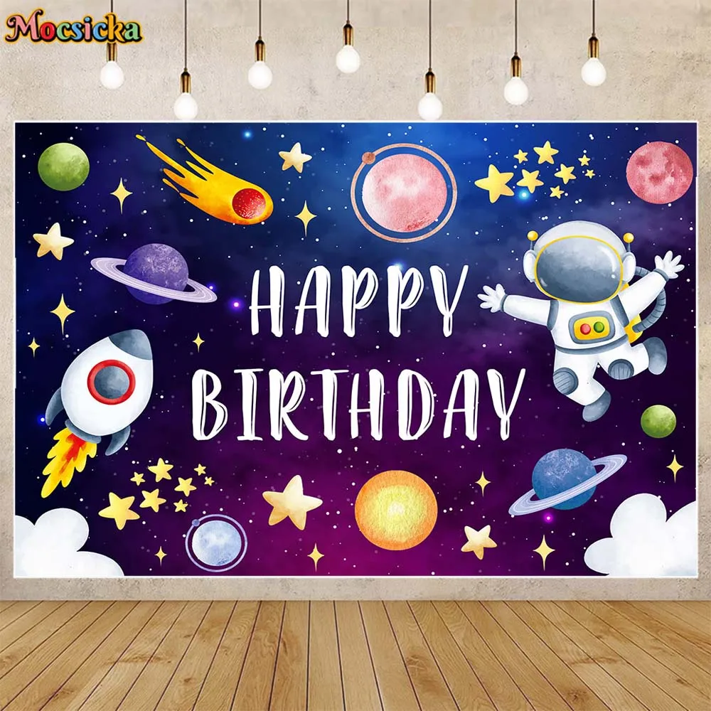 

Mocsicka Space Theme Child Birthday Background Rocket Planet Astronaut Boys 1st Birthday Party Decor Photo Backdrop Banner Props