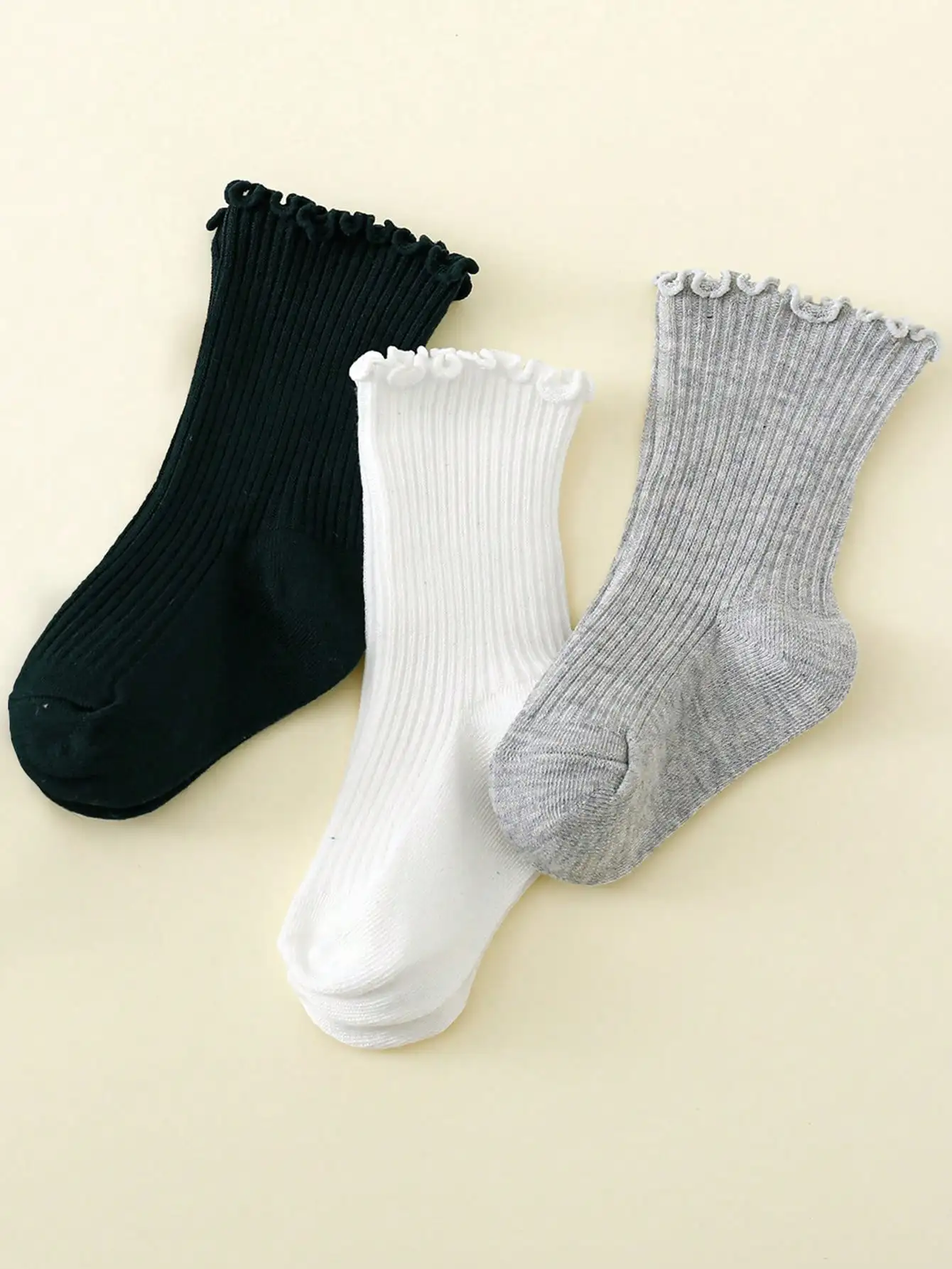 3 Paar einfarbige Kleinkindsocken mit Rüschenbündchen, gerippte, atmungsaktive mittelhohe Mädchensocken, weiche, dehnbare Kinder-Freizeitsocken für alle Jahreszeiten, für 1–12 Jahre – Detail 8
