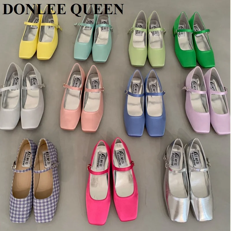 2024 New Spring Summer Shoes Women Flat Heels Square Toe Mary Jane Ballet Flats Rainbow Candy Color Ballerina Soft Casual Loafer