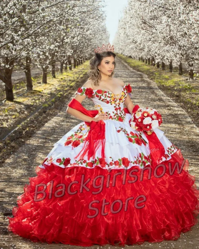 Vestido bainha Quinceanera, Tule bordado floral, Vestidos de casamento elegantes, Vermelho, Branco, Luxo, 15