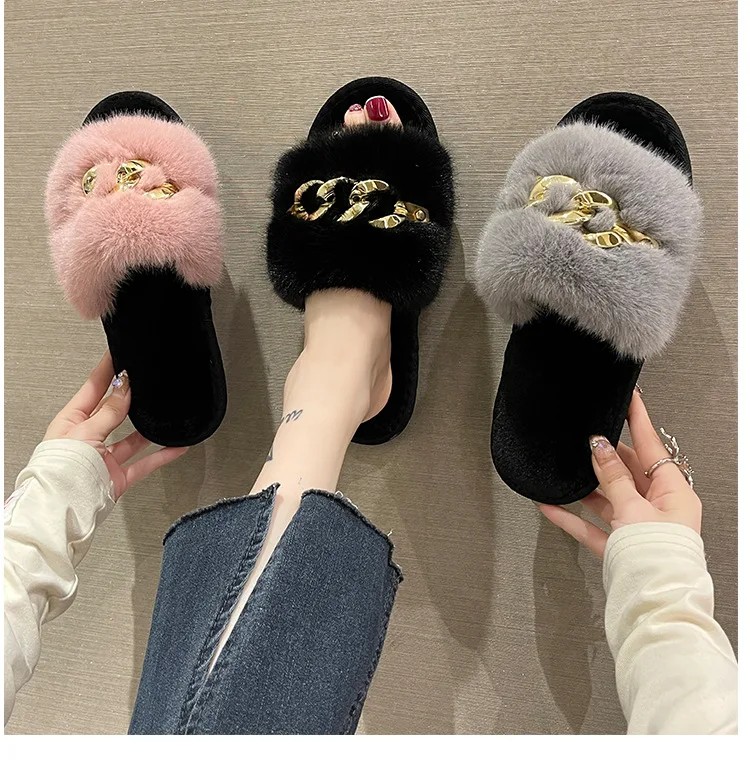 Herbst/winter Metall Kette Woolen Baumwolle Hausschuhe Mode Warme frauen Große Pelz Flache Ferse Gerade Hausschuhe Hause Baumwolle pantoffel – Detail 3