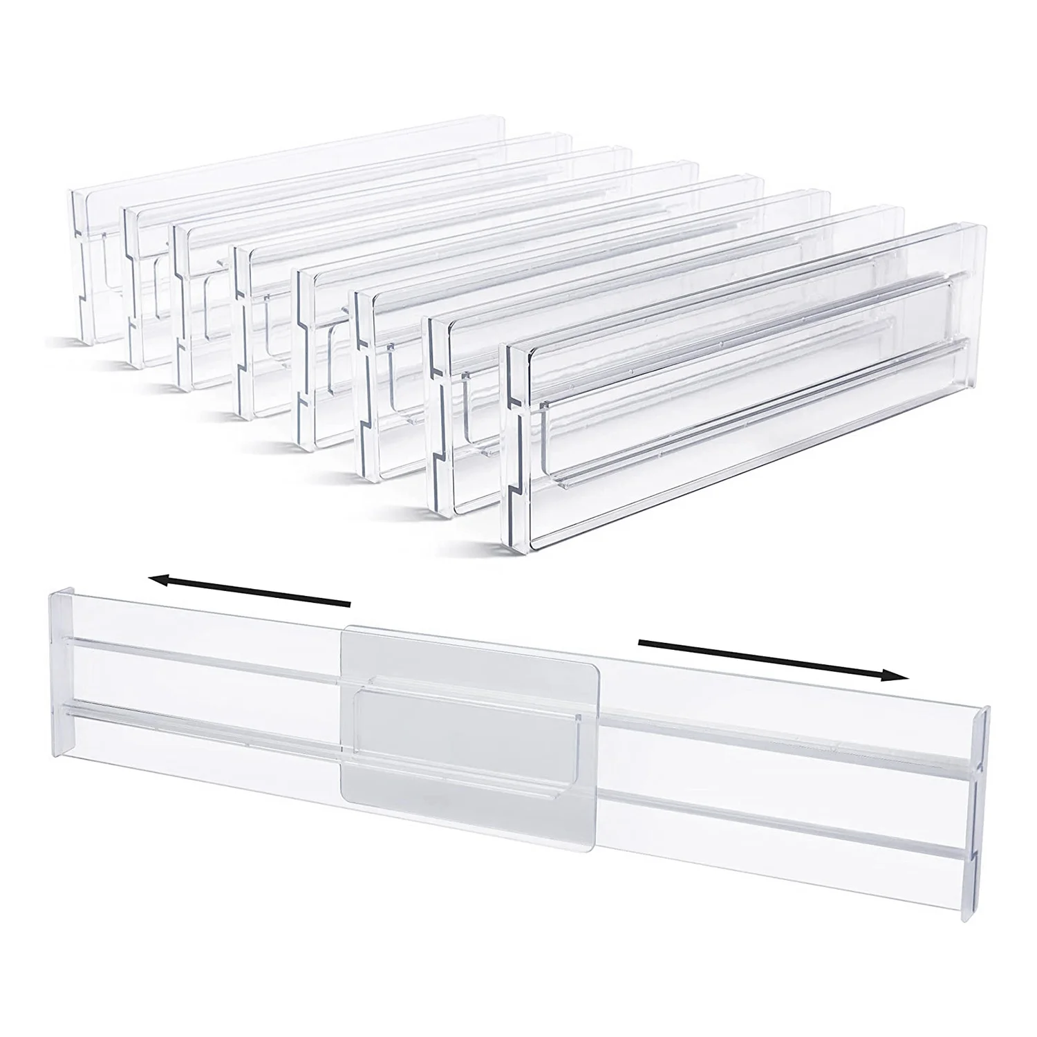 Drawer Dividers 8 Pack, Adjustable 3.2 Inch High Expandable From 11-20.6 Inch Kitchen Drawer Organizer, Clear Plastic