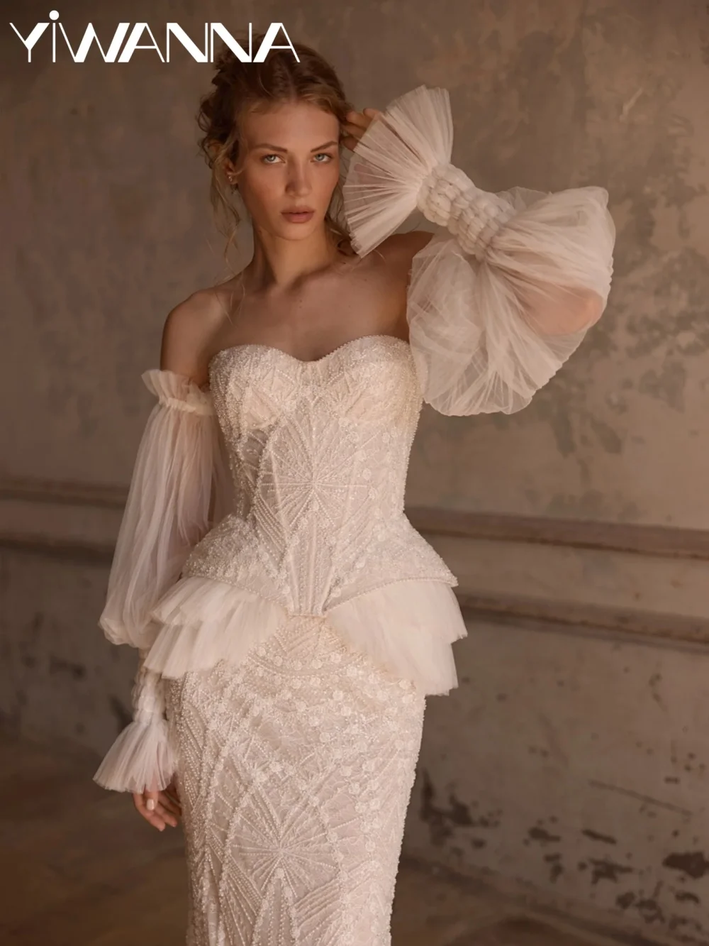 

Свадебное платье с отстегивающимися рукавами, расшитое бисером и кружевом, романтичное, с вырезом в форме сердца, на заказ, с оборками, фасон «русалка» для невесты