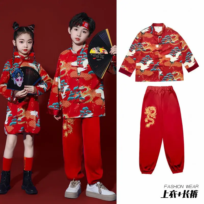 Red Chinese Style Printed Clothes Set Ancient Tang Costume Stage Clothing Girl Hanfu Skirt Style Chinese New Year Outfit