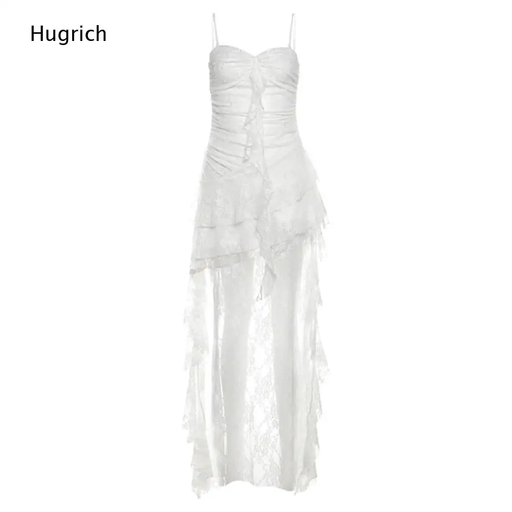White Lace Spaghetti Strap Dress Women's Front Self Tie Ruched Multi Layer Ruffle Sheer Mesh Fairy Floor Dress