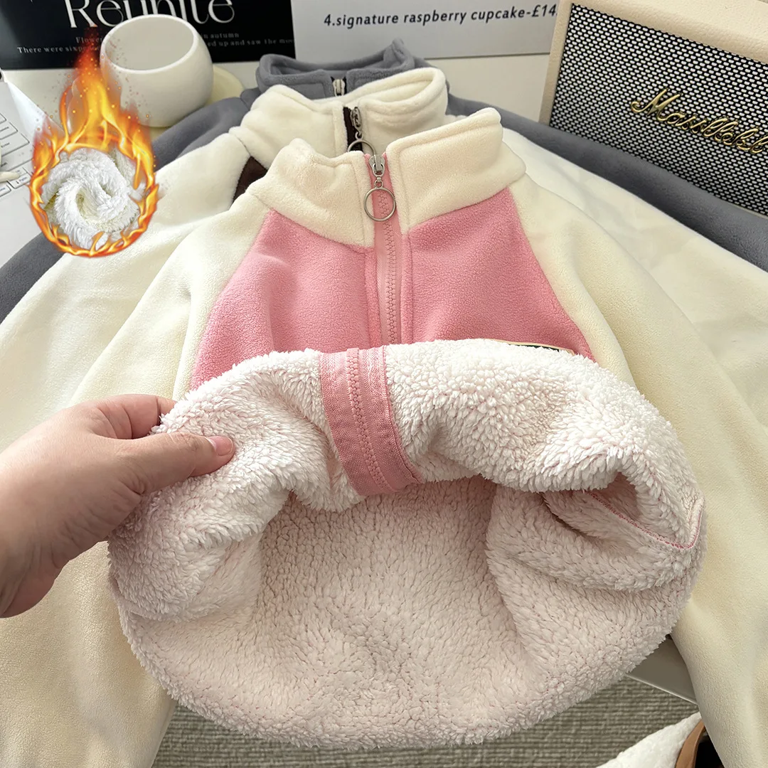 Kid Girl Warm Zipper Jacket Boy Coat Color Blocking Design Thick Fleece Lining Children Stand Collar Unisex Outfit Winter Wear