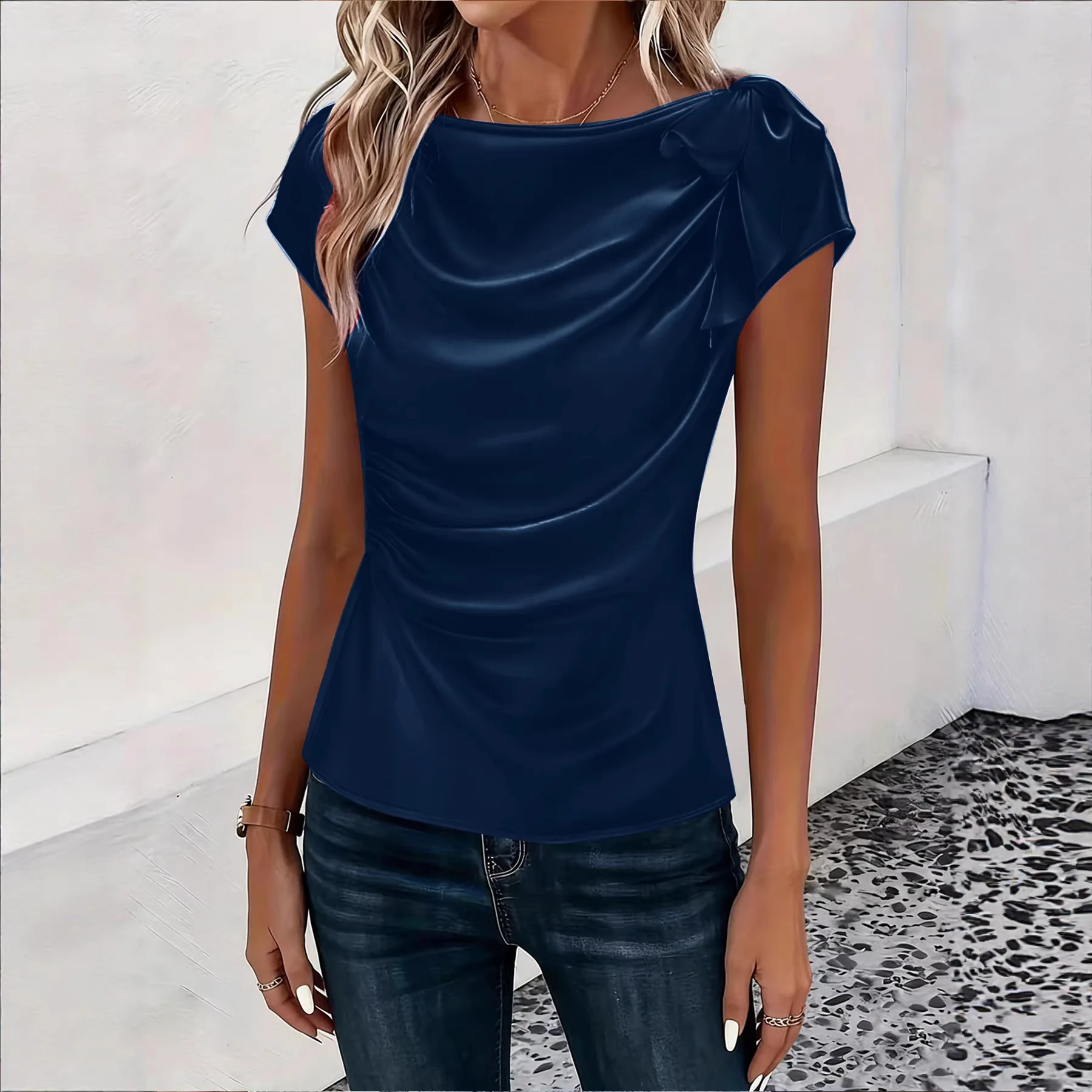 Women's Satin Draped Neck Short Sleeve Tops Casual Solid Elegant Silky Blouses Fashion Casual Office Lady Summer Shirts 2026 New