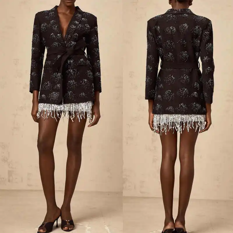 

Shining Sequins Tassel Women Suit 1 Piece Blazer Shawl Collar Lace Up Slimming Formal Party Banquet Outfits Customized