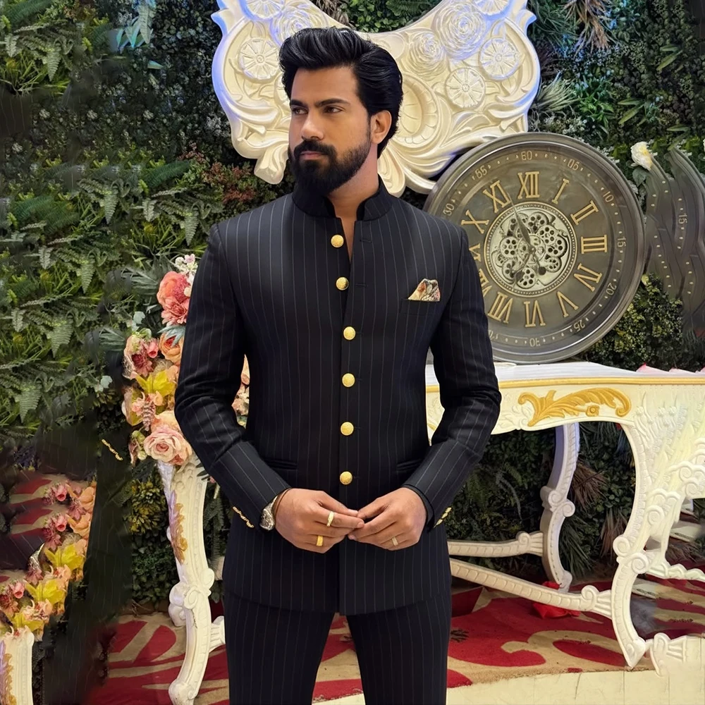 

Formal Black Stripe Men's Suits 2 Piece Jacket Pants Full Sets Luxury Single Breasted Stand Lapel Slim Fit Male Clothing Costume