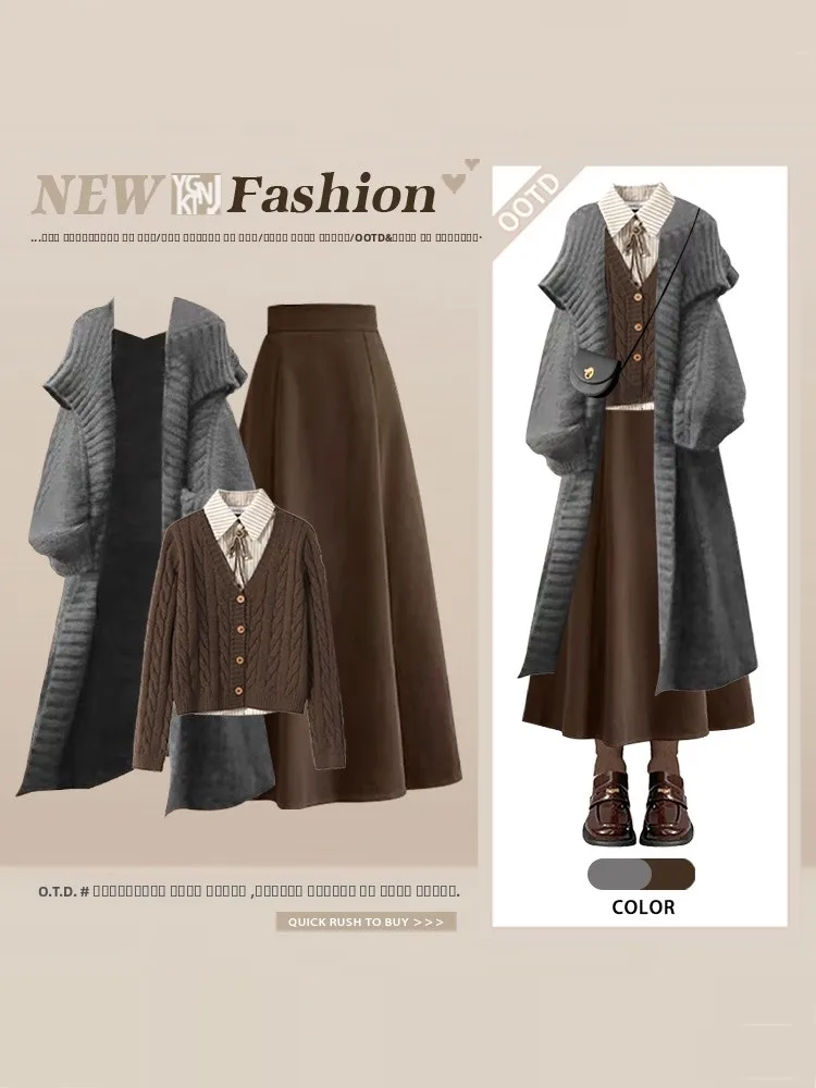 

Gray Long Sweater Coat Lazy Style Winter Fashion Set with Knitted Top Half Skirt High Waist Midi Skirt Three Piece Set for Women