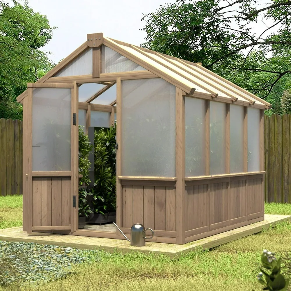 6 X 8 Ft Wooden Polycarbonate Greenhouse with Ventilated Window and Lockable Door, Walk-in Greenhouse for Backyard, Brown