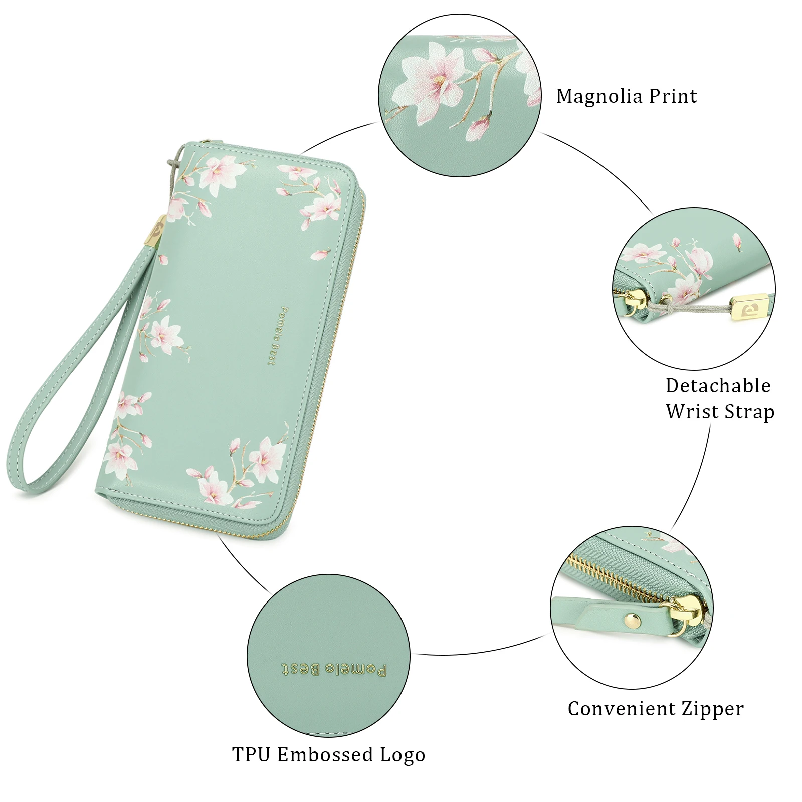 RFID Blocking Leather Multi Credit Card Large Capacity Zip Around Wallets Clutch Wristlet Travel Flower Long Purse for Women