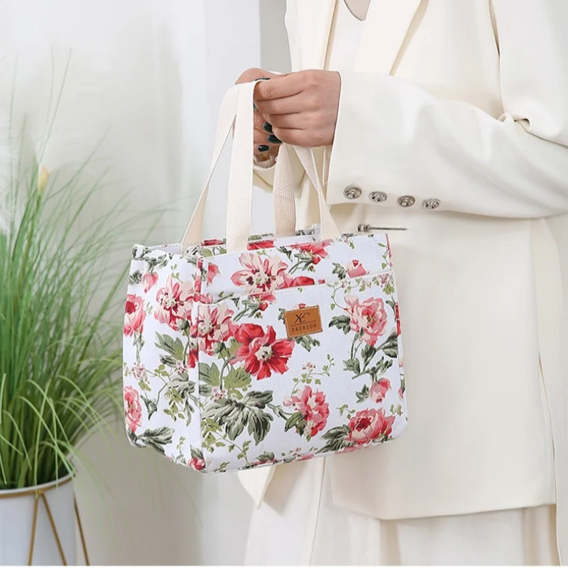 Portable Floral Print Lunch Bag Thermal Insulated Lunch Box Tote Cooler Functional Handbag Student Bento Pouch Food Storage Bags