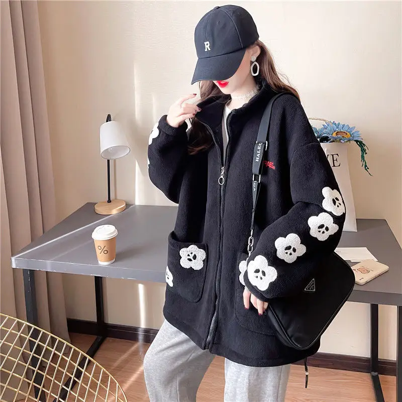 Casual Winter High Quality Lamb Fleece Zipper Women Sweatshirt Peach Blossom Female Coat Embroidery Letters Keep Warm Clothes