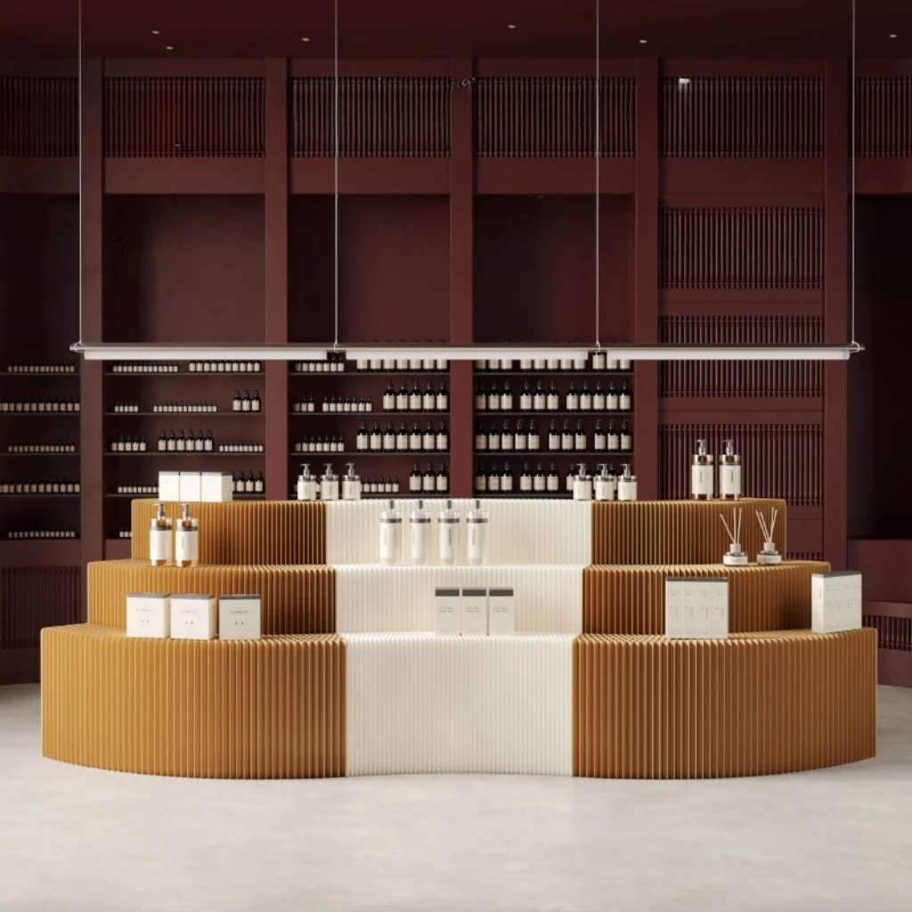 Multi-Layer Wood Light Duty Grid Shelf Long Island Counter Folding Display Cabinet Paper Display Table For Exhibition Mall Art