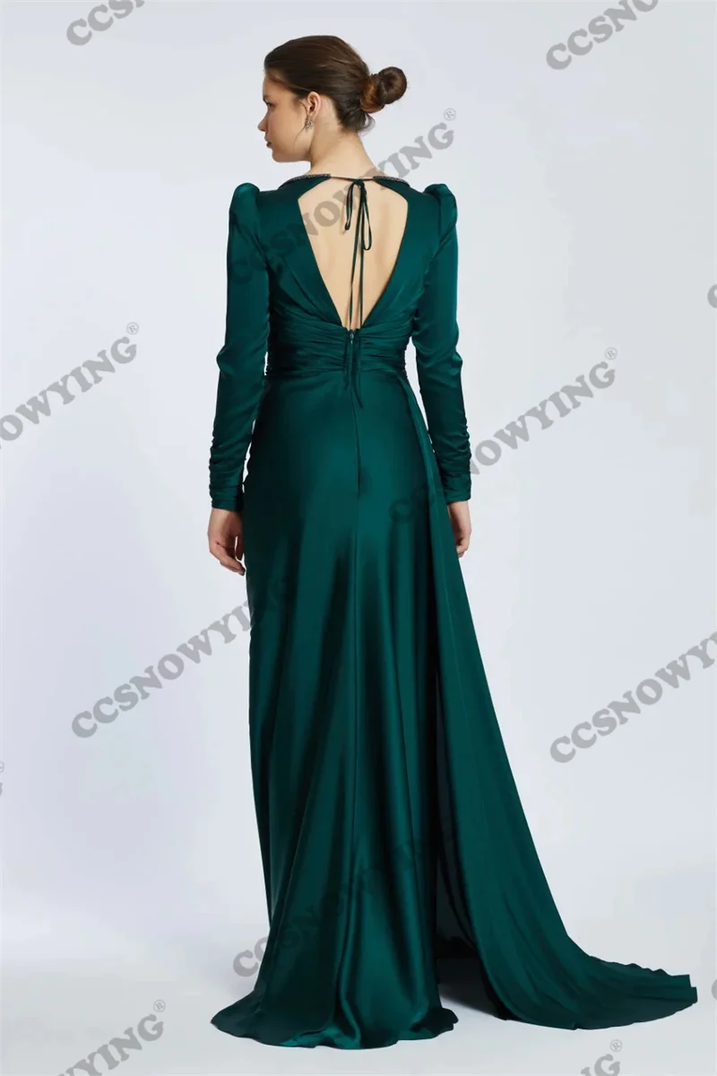 Elegant Satin Long Sleeve Prom Dresses High Slit Side Formal Evening Party Gown Women Robe De Soiree