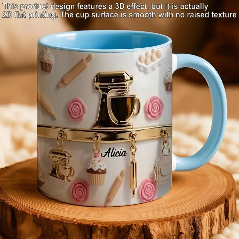 2D Printing Personalized Customized Love Baking Pattern Mug, Cake Baking Accessories Ceramic Cup, Two-color Coffee Cup, Gift For