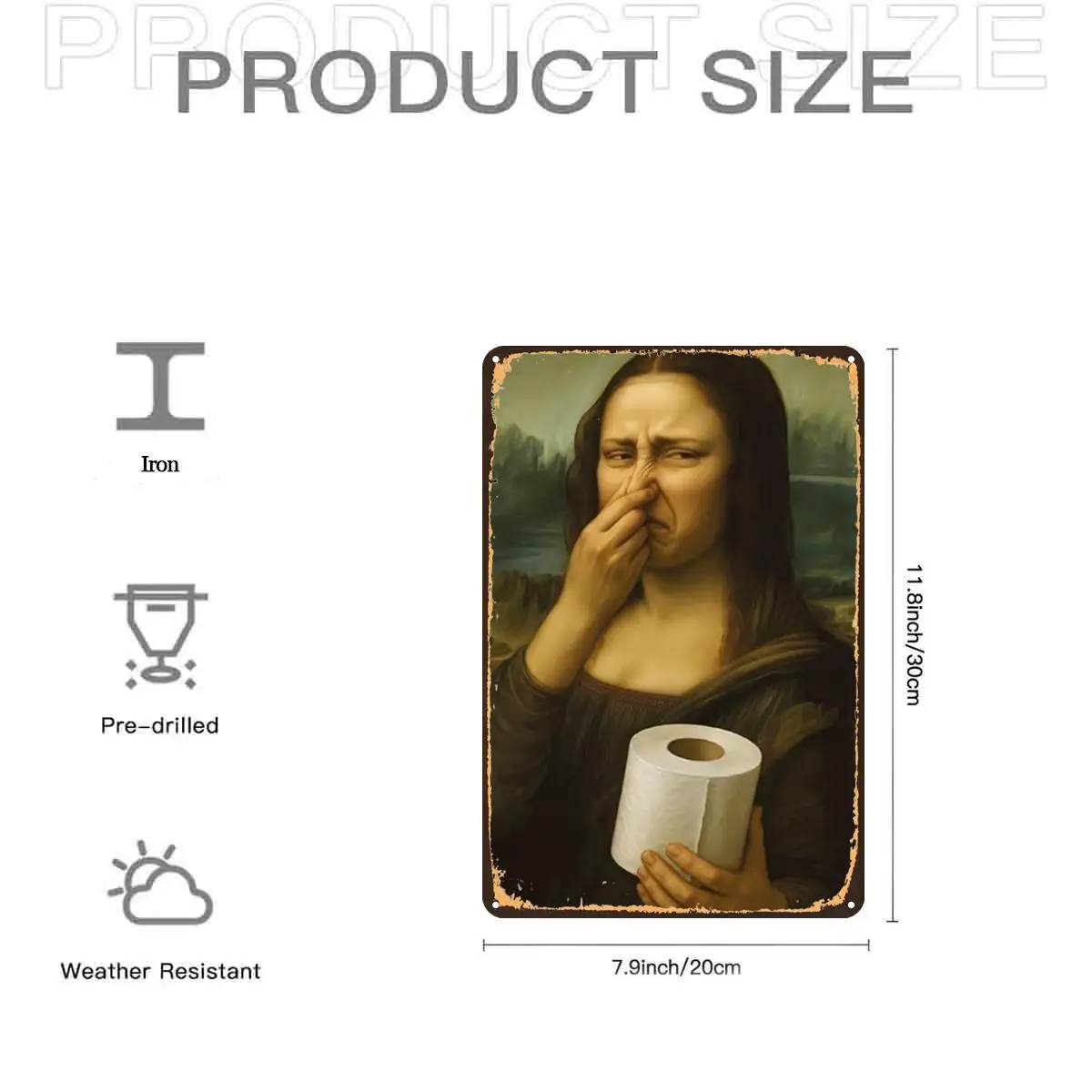 2D Flat, 1pc, Retro Vintage Mona Lisa with Toilet Paper Art Print Metal Tin Sign, Featuring Pre-Drilled Holes, Ideal for Indoor,