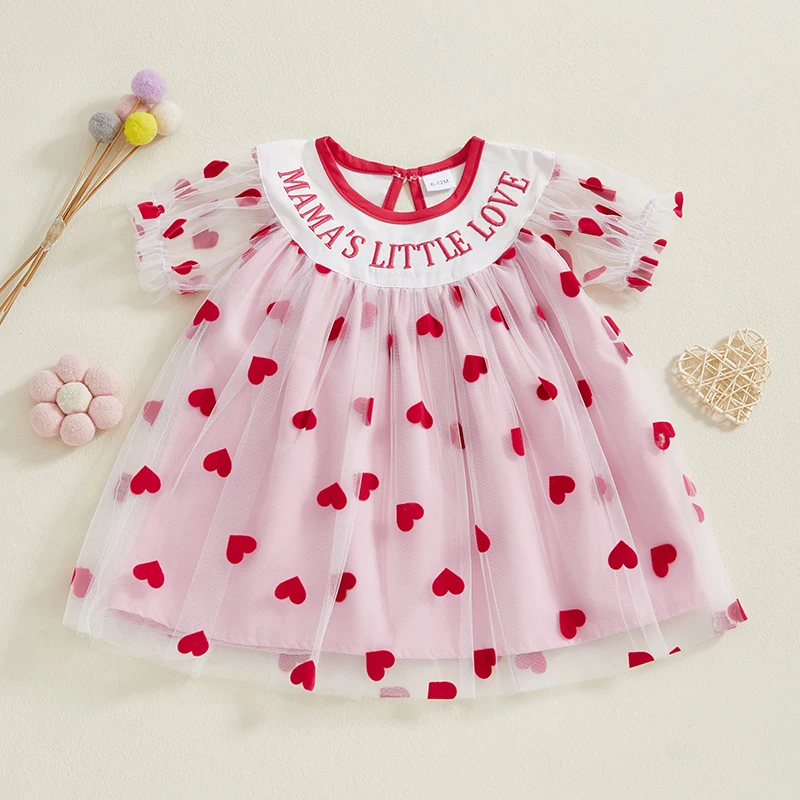 Toddler Girls Valentine's Day Dress Heart Print Layered Mesh Short Sleeve Casual Dress Kids Princess Dress 3M-3Years