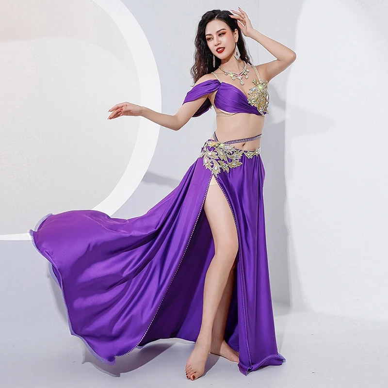 Belly Dance ชุดเพชร-Studded Sling Bra แยกกระโปรงบานใหญ่ประสิทธิภาพชุด Oriental การแข่งขันเต้นรำเสื้อผ้า