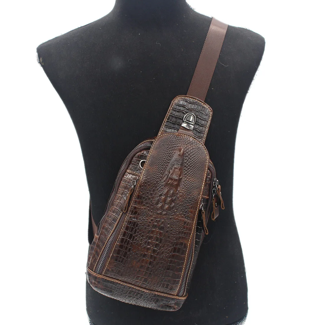 Men Cross body Shoulder Chest Bag Sling Backpack Genuine Leather Crocodile Pattern Real Cowhide Travel Male Side Messenger Bag