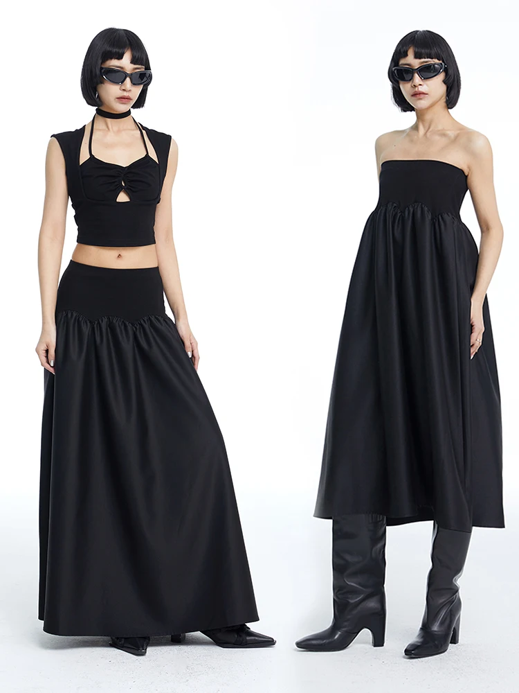 

Bla Wave Splice Midi Skirt Women's High Waist A-Line Skirt Street Sle Polyester Material Pure Color Summer Season